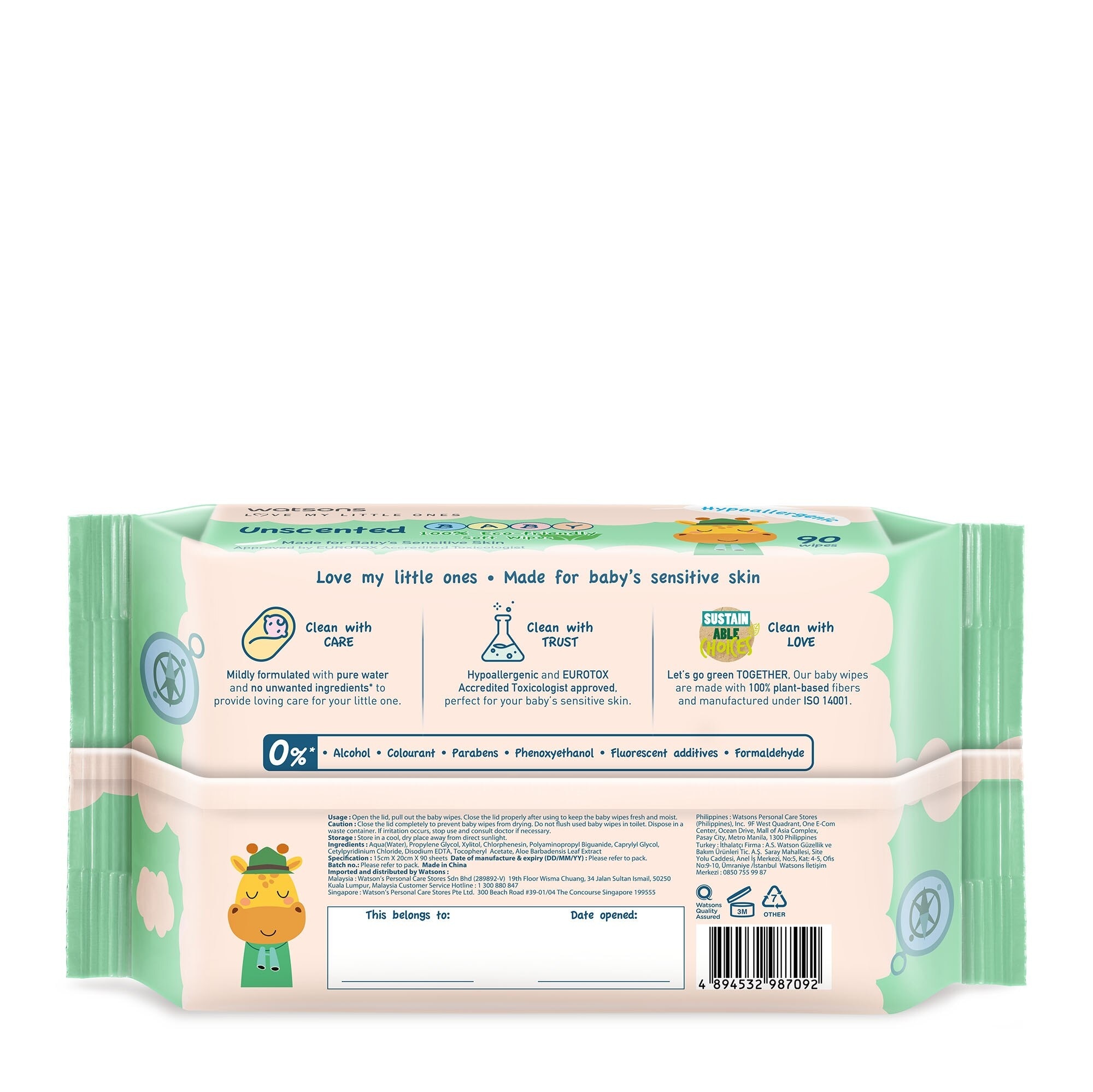 Unscented  Baby Wipes 100% Eco-Friendly Soft Wipes Hypoallergenic (Made For Baby's Sensitive Skin + Approved By Eurotox Accredited Toxicologist) 90s