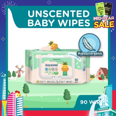 WATSONS Unscented  Baby Wipes 100% Eco-Friendly Soft Wipes Hypoallergenic (Made For Baby's Sensitive Skin + Approved By Eurotox Accredited Toxicologist) 90s