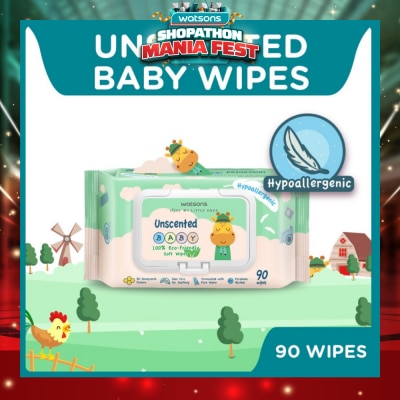 WATSONS - Unscented  Baby Wipes 100% Eco-Friendly Soft Wipes Hypoallergenic (Made For Baby's Sensitive Skin + Approved By Eurotox Accredited Toxicologist) 90s