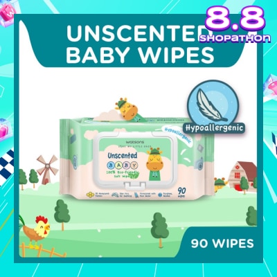 WATSONS Unscented  Baby Wipes 100% Eco-Friendly Soft Wipes Hypoallergenic (Made For Baby's Sensitive Skin + Approved By Eurotox Accredited Toxicologist) 90s