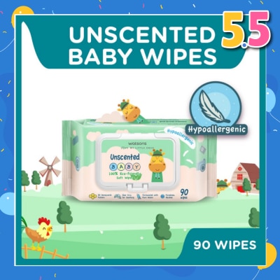 WATSONS Unscented  Baby Wipes 100% Eco-Friendly Soft Wipes Hypoallergenic (Made For Baby's Sensitive Skin + Approved By Eurotox Accredited Toxicologist) 90s