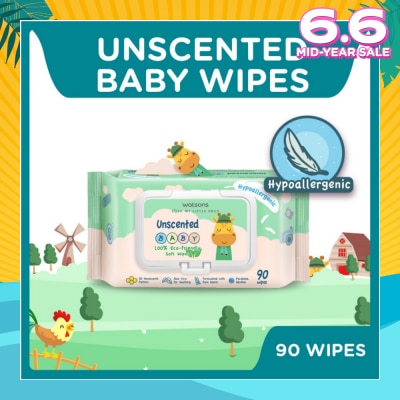 WATSONS Unscented  Baby Wipes 100% Eco-Friendly Soft Wipes Hypoallergenic (Made For Baby's Sensitive Skin + Approved By Eurotox Accredited Toxicologist) 90s