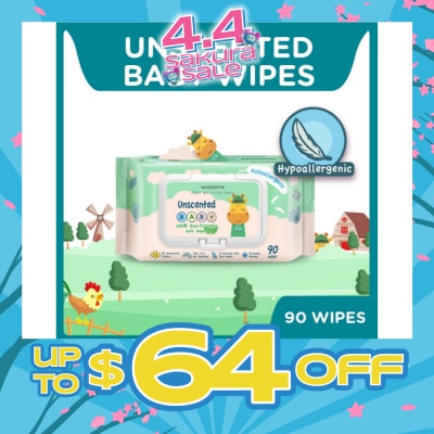 WATSONS - Unscented  Baby Wipes 100% Eco-Friendly Soft Wipes Hypoallergenic (Made For Baby's Sensitive Skin + Approved By Eurotox Accredited Toxicologist) 90s