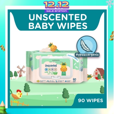 WATSONS Unscented Baby Wipes 100% Eco-Friendly Soft Wipes Hypoallergenic (Made For Baby's Sensitive Skin + Approved By Eurotox Accredited Toxicologist) 90s