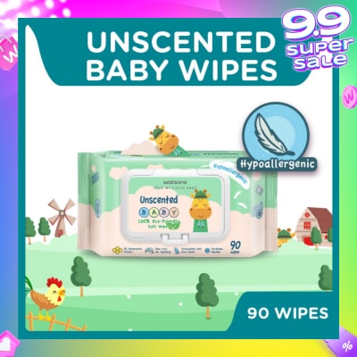 WATSONS Unscented  Baby Wipes 100% Eco-Friendly Soft Wipes Hypoallergenic (Made For Baby's Sensitive Skin + Approved By Eurotox Accredited Toxicologist) 90s