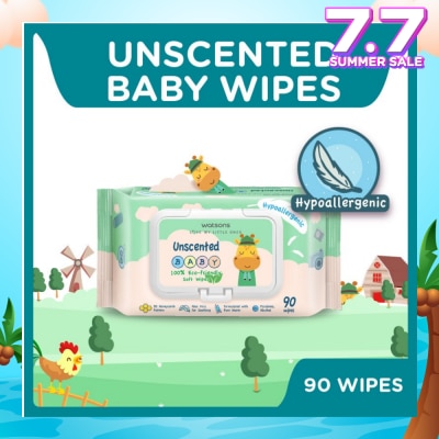 WATSONS Unscented  Baby Wipes 100% Eco-Friendly Soft Wipes Hypoallergenic (Made For Baby's Sensitive Skin + Approved By Eurotox Accredited Toxicologist) 90s