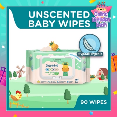 WATSONS Unscented  Baby Wipes 100% Eco-Friendly Soft Wipes Hypoallergenic (Made For Baby's Sensitive Skin + Approved By Eurotox Accredited Toxicologist) 90s