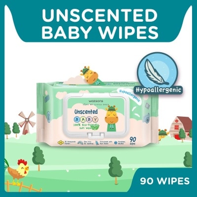 WATSONS Unscented  Baby Wipes 100% Eco-Friendly Soft Wipes Hypoallergenic (Made For Baby's Sensitive Skin + Approved By Eurotox Accredited Toxicologist) 90s