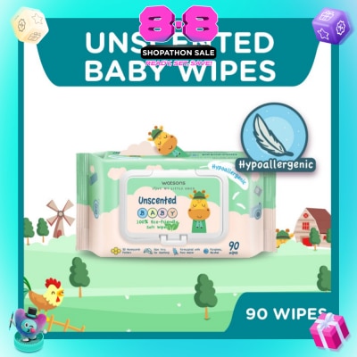 WATSONS - Unscented Baby Wipes 100% Eco-Friendly Soft Wipes Hypoallergenic (Made For Baby's Sensitive Skin + Approved By Eurotox Accredited Toxicologist) 90s