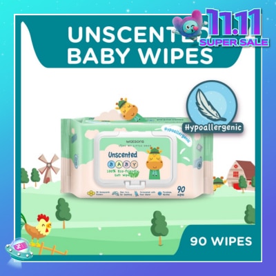 WATSONS Unscented  Baby Wipes 100% Eco-Friendly Soft Wipes Hypoallergenic (Made For Baby's Sensitive Skin + Approved By Eurotox Accredited Toxicologist) 90s