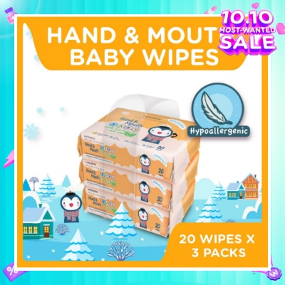 WATSONS Hand & Mouth Soft Baby Wipes (Hyperallergenic + Suitable for Sensitive Skin) 20s x 3packs