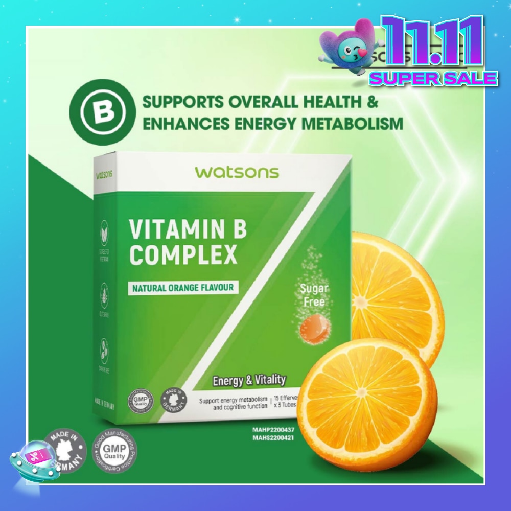 Vitamin B Complex Effervescent Tablet Natural Orange Flavour (For Energy & Vitality) 15s  x 3 Tubes