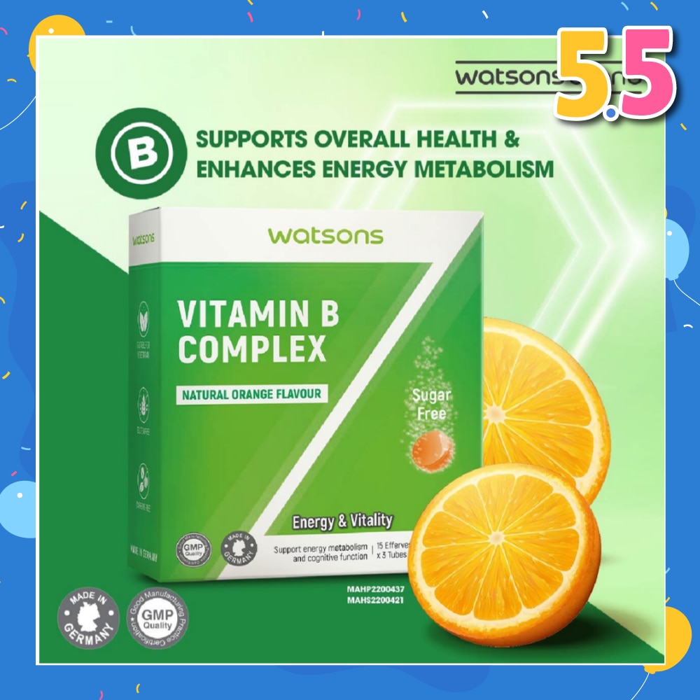 Vitamin B Complex Effervescent Tablet Natural Orange Flavour (For Energy & Vitality) 15s  x 3 Tubes