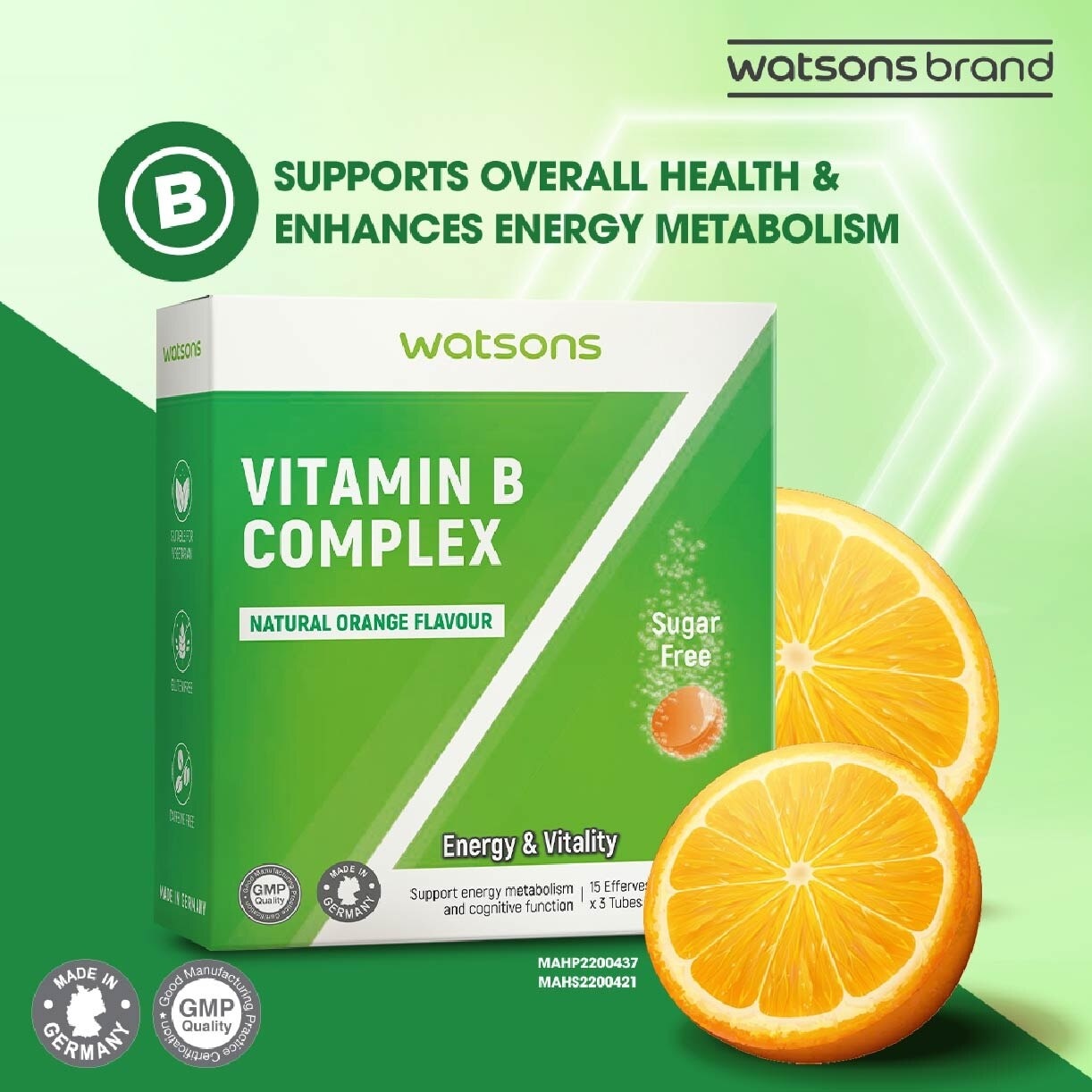 Vitamin B Complex Effervescent Tablet Natural Orange Flavour (For Energy & Vitality) 15s  x 3 Tubes