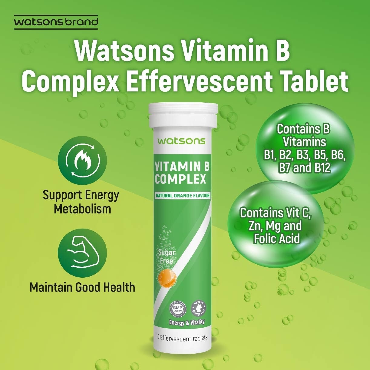 Vitamin B Complex Effervescent Tablet Natural Orange Flavour (For Energy & Vitality) 15s  x 3 Tubes