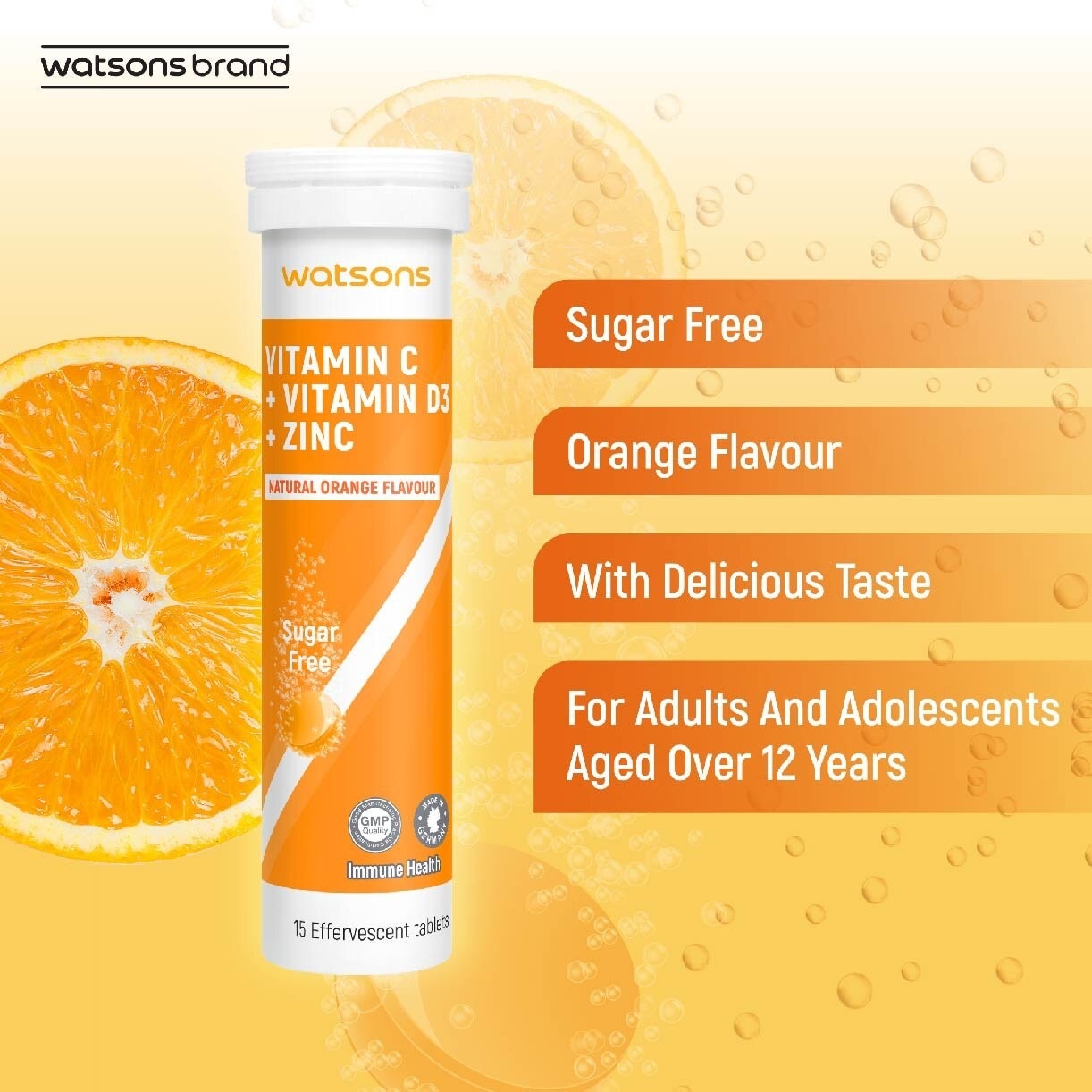 Vitamin C + Vitamin D3 + Zinc Effervescent Tablets Natural Orange Flavour (For Immune Health) 15s x 3 Tubes