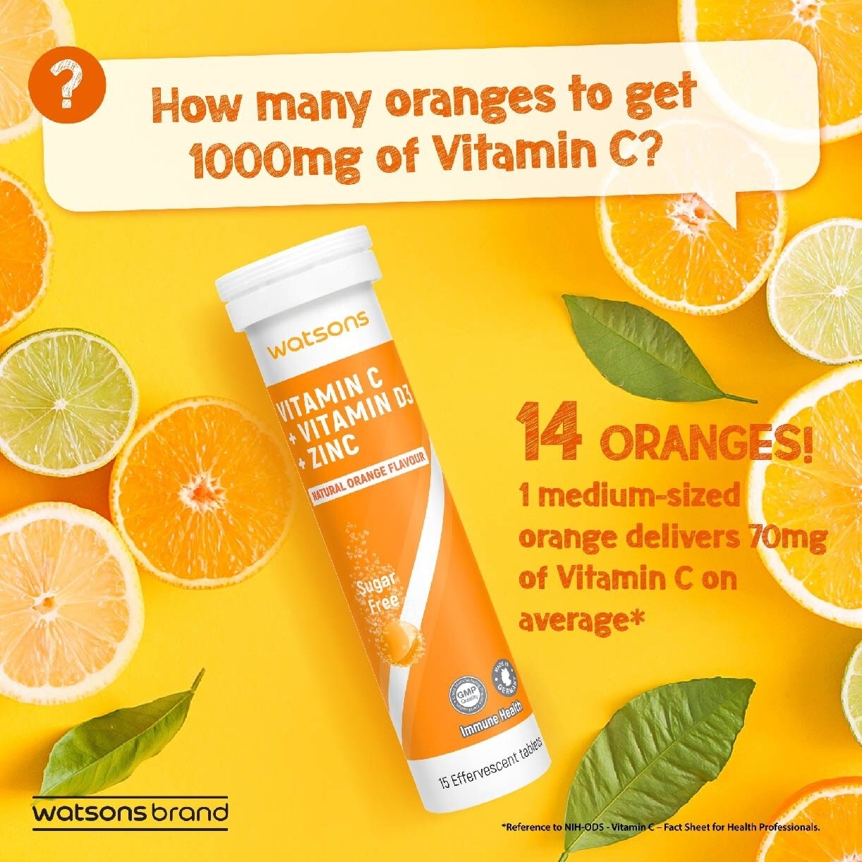 Vitamin C + Vitamin D3 + Zinc Effervescent Tablets Natural Orange Flavour (For Immune Health) 15s x 3 Tubes