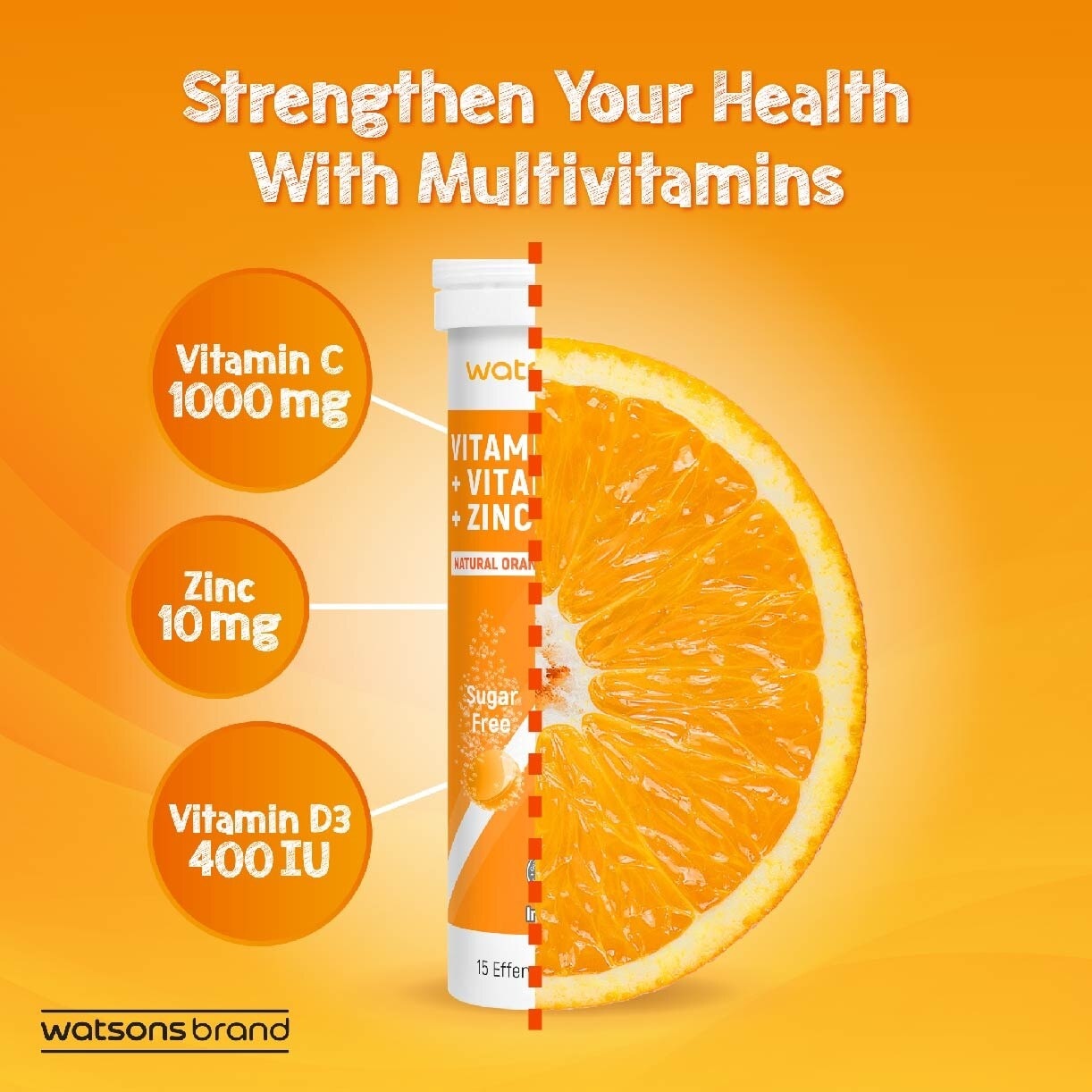 Vitamin C + Vitamin D3 + Zinc Effervescent Tablets Natural Orange Flavour (For Immune Health) 15s x 3 Tubes