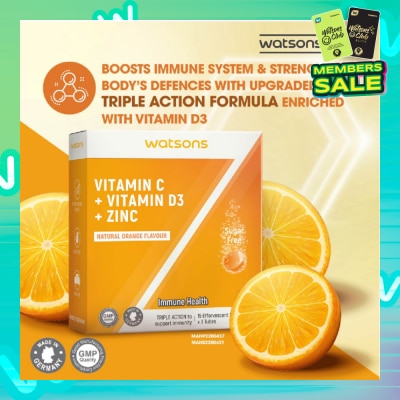 WATSONS Vitamin C + Vitamin D3 + Zinc Effervescent Tablets Natural Orange Flavour (For Immune Health) 15s x 3 Tubes