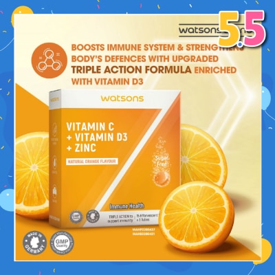 WATSONS Vitamin C + Vitamin D3 + Zinc Effervescent Tablets Natural Orange Flavour (For Immune Health) 15s x 3 Tubes