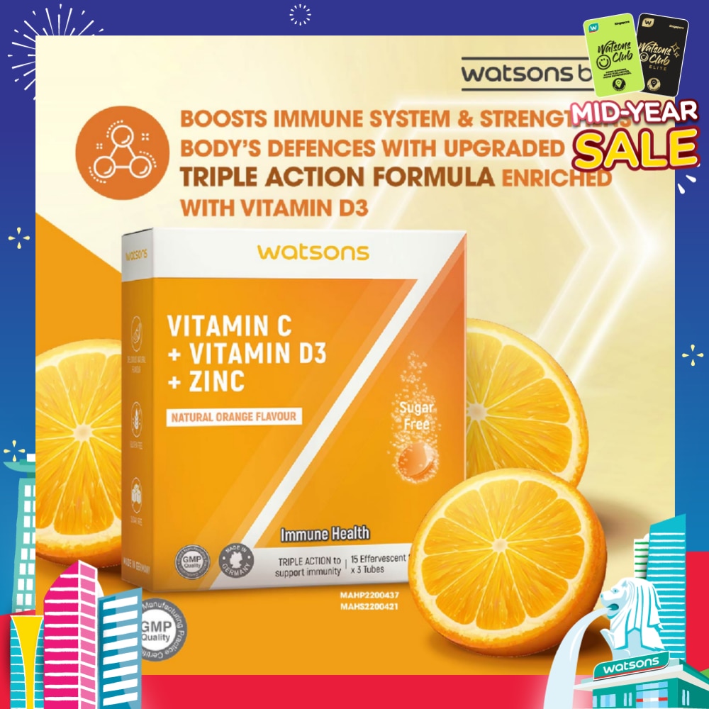Vitamin C + Vitamin D3 + Zinc Effervescent Tablets Natural Orange Flavour (For Immune Health) 15s x 3 Tubes