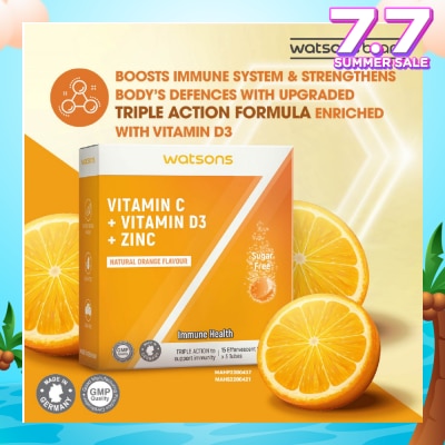 WATSONS Vitamin C + Vitamin D3 + Zinc Effervescent Tablets Natural Orange Flavour (For Immune Health) 15s x 3 Tubes