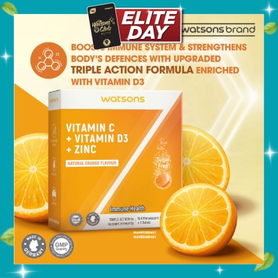 WATSONS Vitamin C + Vitamin D3 + Zinc Effervescent Tablets Natural Orange Flavour (For Immune Health) 15s x 3 Tubes (Expiry: Jul`2027) image