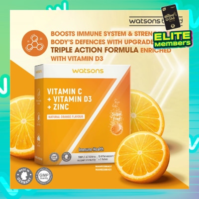 WATSONS Vitamin C + Vitamin D3 + Zinc Effervescent Tablets Natural Orange Flavour (For Immune Health) 15s x 3 Tubes