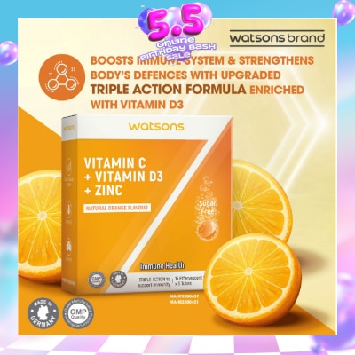 WATSONS - Vitamin C + Vitamin D3 + Zinc Effervescent Tablets Natural Orange Flavour (For Immune Health) 15s x 3 Tubes (Expiry: Mar`2027)