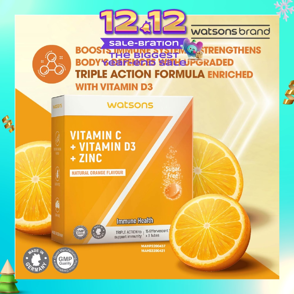 Vitamin C + Vitamin D3 + Zinc Effervescent Tablets Natural Orange Flavour (For Immune Health) 15s x 3 Tubes