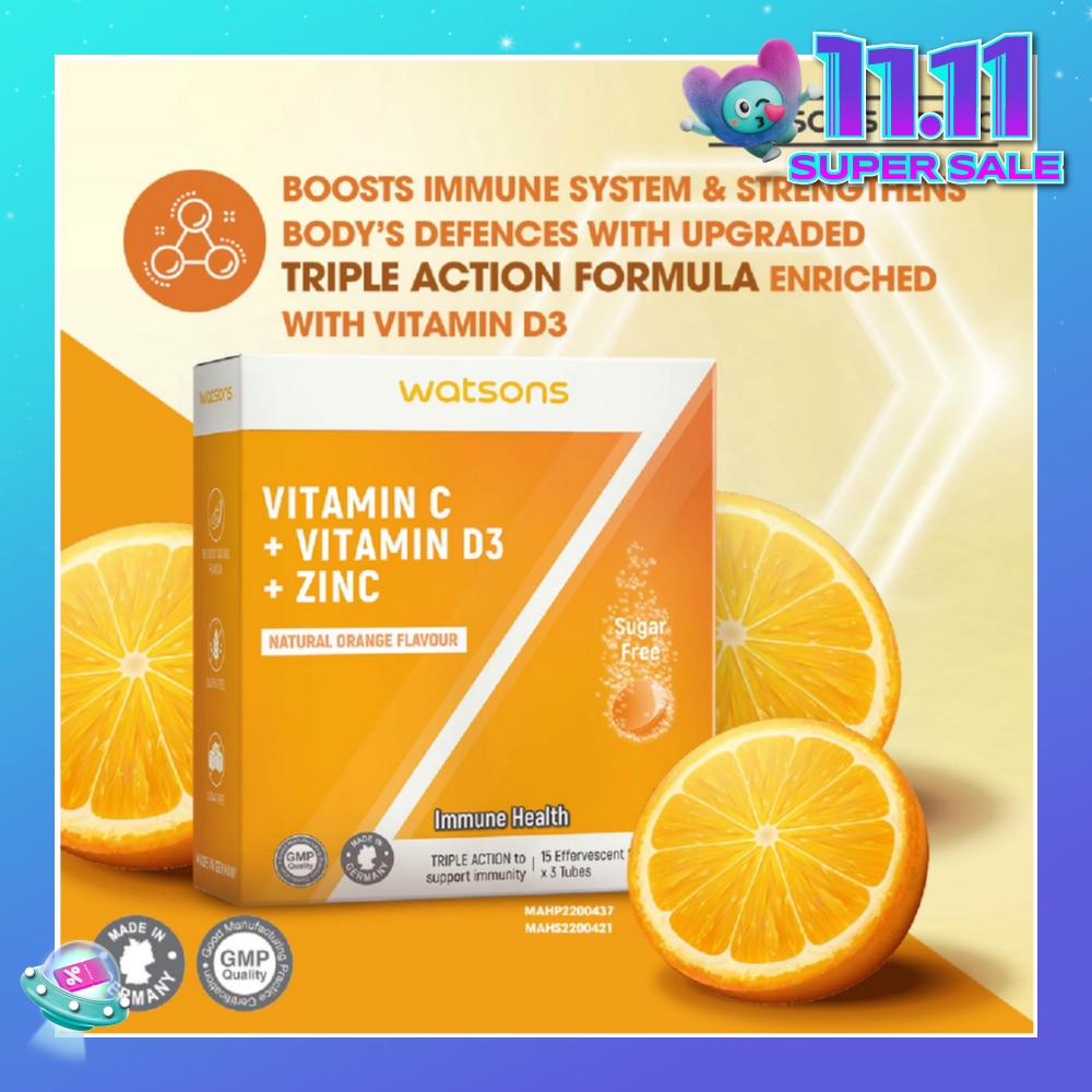 Vitamin C + Vitamin D3 + Zinc Effervescent Tablets Natural Orange Flavour (For Immune Health) 15s x 3 Tubes