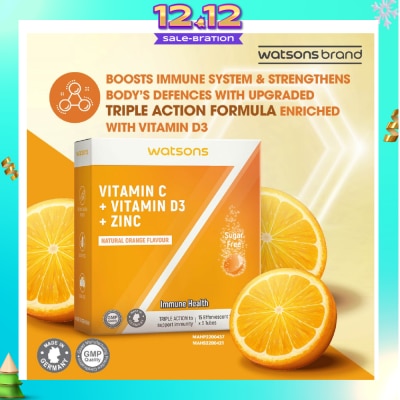 WATSONS Vitamin C + Vitamin D3 + Zinc Effervescent Tablets Natural Orange Flavour (For Immune Health) 15s x 3 Tubes