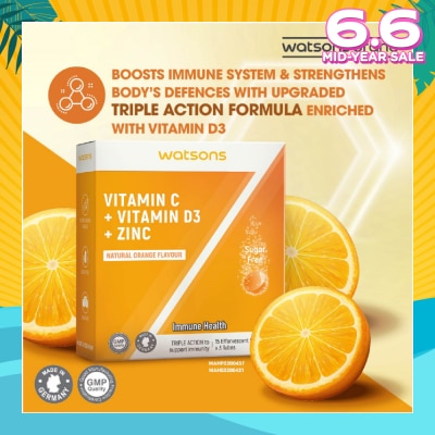WATSONS Vitamin C + Vitamin D3 + Zinc Effervescent Tablets Natural Orange Flavour (For Immune Health) 15s x 3 Tubes