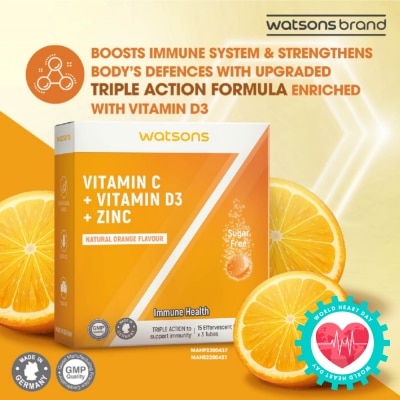 WATSONS Vitamin C + Vitamin D3 + Zinc Effervescent Tablets Natural Orange Flavour (For Immune Health) 15s x 3 Tubes
