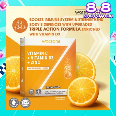 WATSONS Vitamin C + Vitamin D3 + Zinc Effervescent Tablets Natural Orange Flavour (For Immune Health) 15s x 3 Tubes