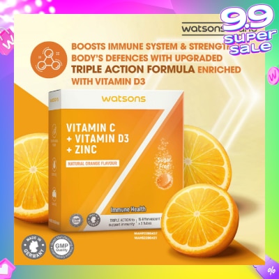 WATSONS Vitamin C + Vitamin D3 + Zinc Effervescent Tablets Natural Orange Flavour (For Immune Health) 15s x 3 Tubes