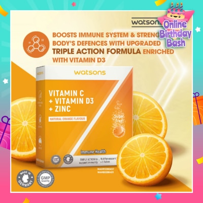 WATSONS Vitamin C + Vitamin D3 + Zinc Effervescent Tablets Natural Orange Flavour (For Immune Health) 15s x 3 Tubes