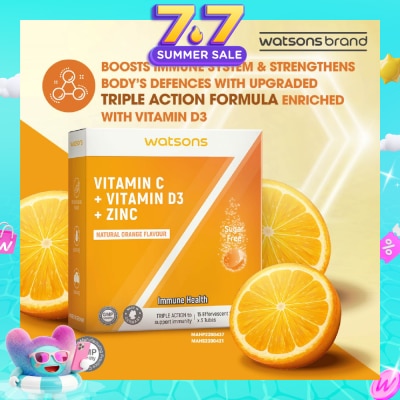 WATSONS - Vitamin C + Vitamin D3 + Zinc Effervescent Tablets Natural Orange Flavour (For Immune Health) 15s x 3 Tubes (Expiry: Mar`2027)