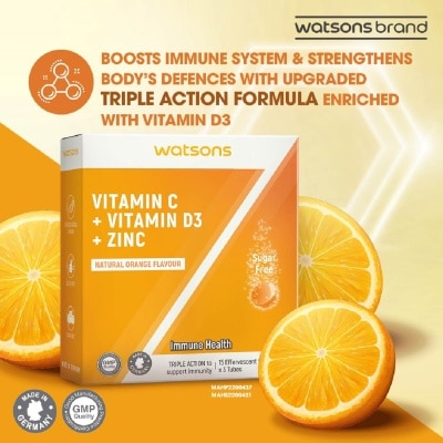 WATSONS Vitamin C + Vitamin D3 + Zinc Effervescent Tablets Natural Orange Flavour (For Immune Health) 15s x 3 Tubes