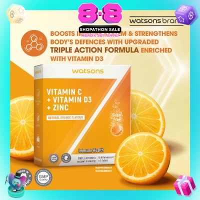WATSONS - Vitamin C + Vitamin D3 + Zinc Effervescent Tablets Natural Orange Flavour (For Immune Health) 15s x 3 Tubes