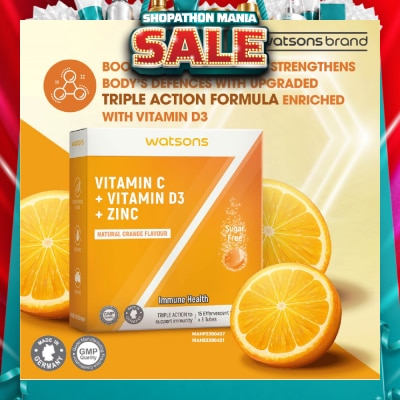 WATSONS - Vitamin C + Vitamin D3 + Zinc Effervescent Tablets Natural Orange Flavour (For Immune Health) 15s x 3 Tubes (Expiry: Mar`2027)