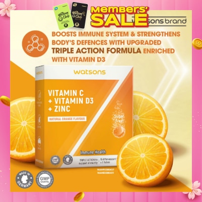 WATSONS [CNY] Vitamin C + Vitamin D3 + Zinc Effervescent Tablets Natural Orange Flavour (For Immune Health) 15s x 3 Tubes