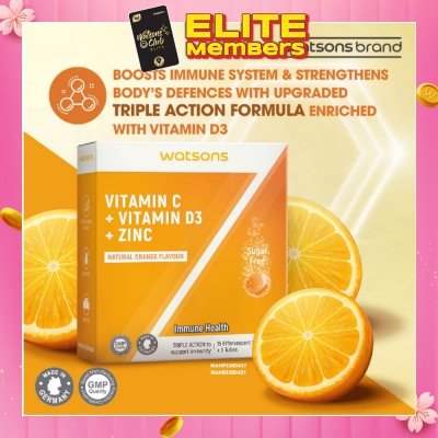 WATSONS [CNY] Vitamin C + Vitamin D3 + Zinc Effervescent Tablets Natural Orange Flavour (For Immune Health) 15s x 3 Tubes