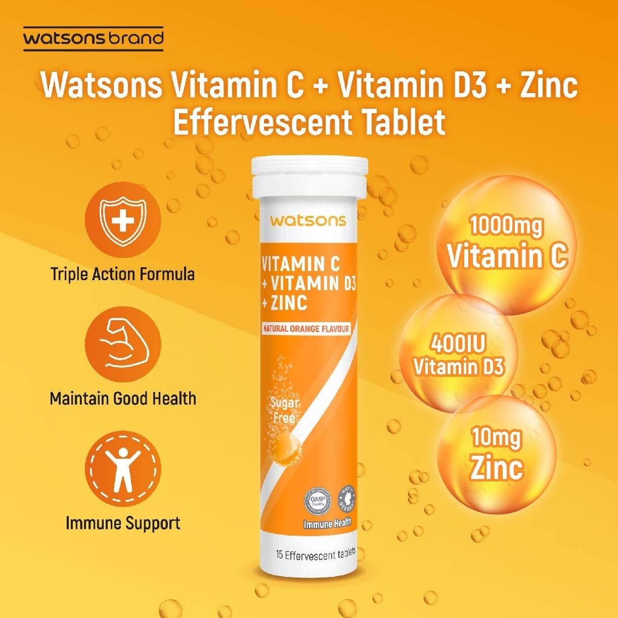 Vitamin C + Vitamin D3 + Zinc Effervescent Tablets Natural Orange Flavour (For Immune Health) 15s x 3 Tubes