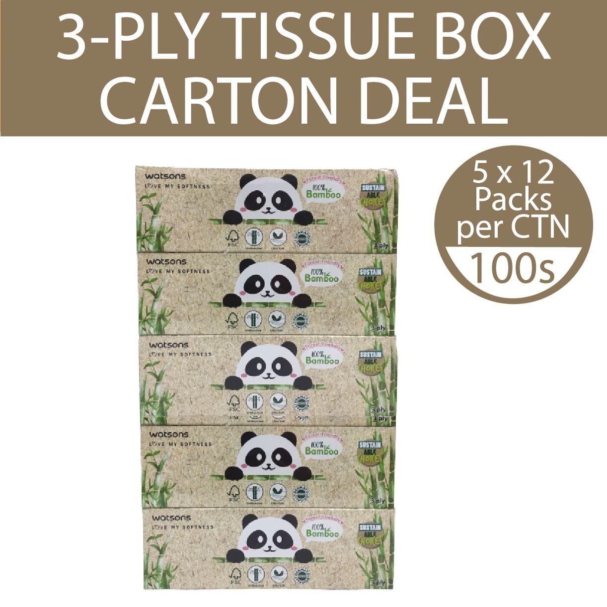 3ply Forest Friendly Bamboo Box Tissues Carton (3ply X 100 sheets X 5 Boxes x 12 pack)