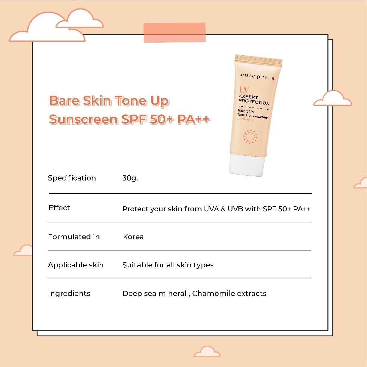 UV Expert Protection Bare Skin Tone Up Sunscreen SPF50+ PA++ 30g