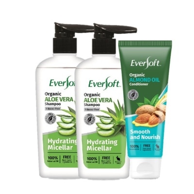 EVERSOFT Hydrating Micellar Packset consists Organic Aloe Vera Shampoo 480ml x 2s + Organic Almond Oil Conditioner 200ml