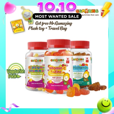 GUMAZING Kids Gummies Vegetarian Combo Pack (Consist Calcium Vitamin D3 Gummies + Multivitamin Gummies & Vitamin C + Zinc Gummies) 60s X 3 image