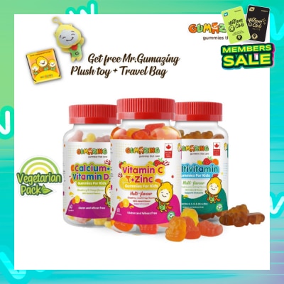 GUMAZING Kids Gummies Vegetarian Combo Pack (Consist Calcium Vitamin D3 Gummies + Multivitamin Gummies & Vitamin C + Zinc Gummies) 60s X 3