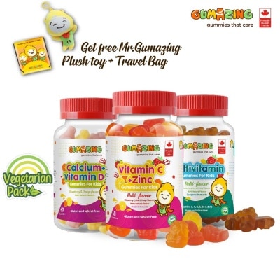 GUMAZING Kids Gummies Vegetarian Combo Pack (Consist Calcium Vitamin D3 Gummies + Multivitamin Gummies & Vitamin C + Zinc Gummies) 60s X 3